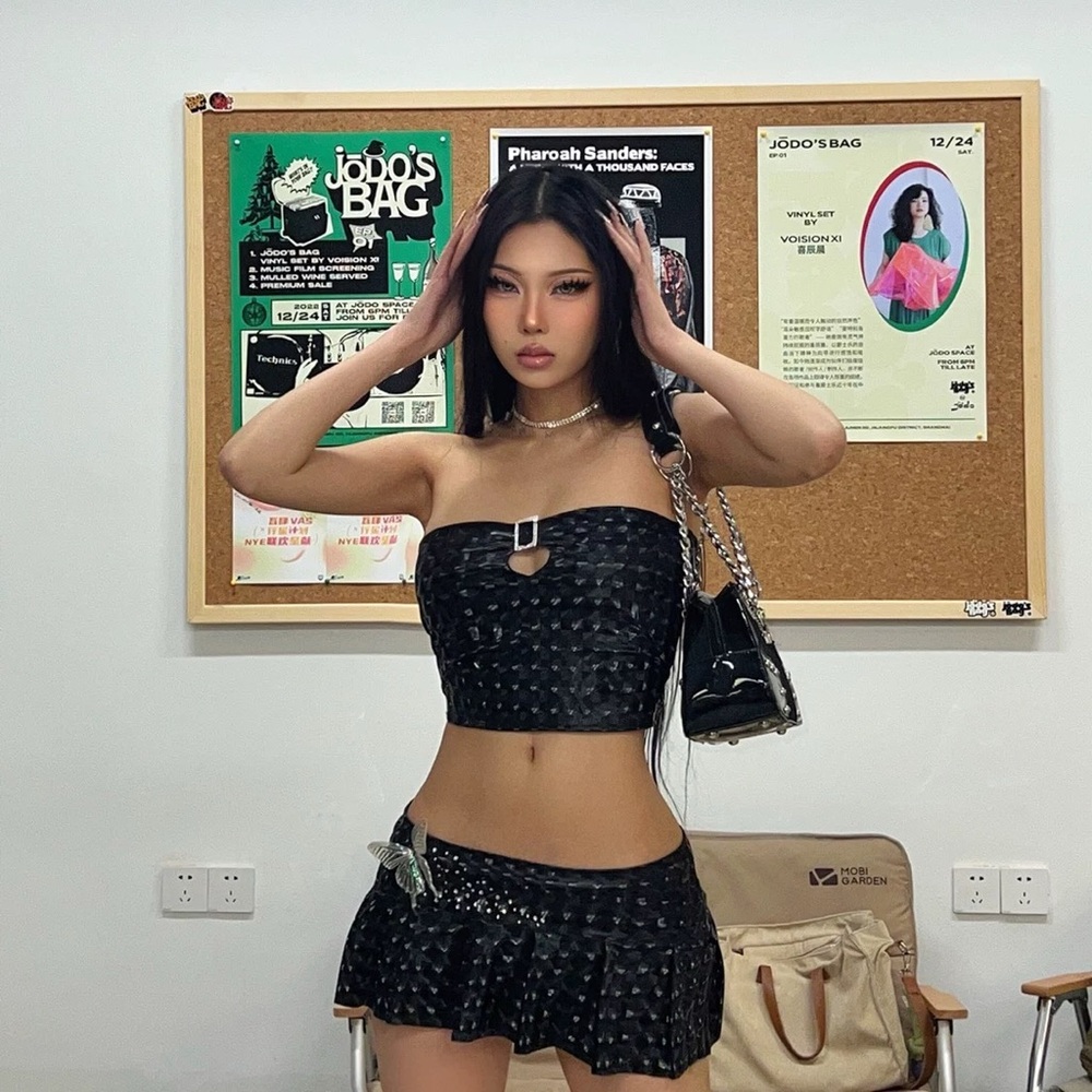 Black tube top with cutout detail + skirt set